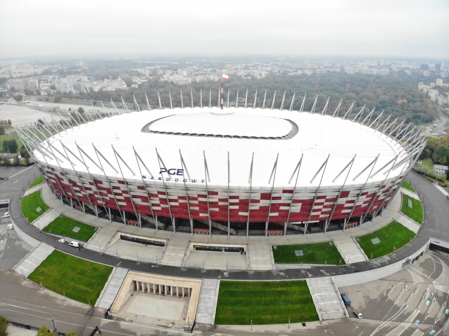 Drone pictures of the PGE National Stadium where the government builds special filed hospital for people infected with the coronavirus disease (COVID-19) in Warsaw, Poland October 19, 2020. Maciek Jazwiecki/Agencja Gazeta/via REUTERS